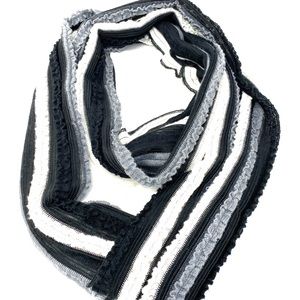 Dana Herbert Textured Oblong Scarf Black White Gray Striped Ribbed Knit